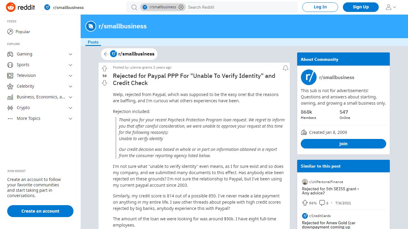 Rejected for Paypal PPP For "Unable To Verify Identity" and Credit ...