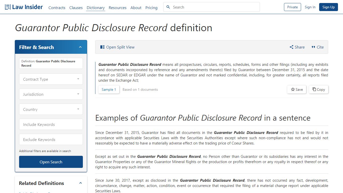 Guarantor Public Disclosure Record Definition | Law Insider